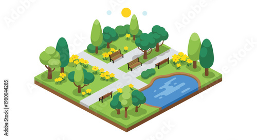 3D isometric view flat style illustration of green public park with pond, trees, walking paths and benches, peaceful outdoor urban recreation environment