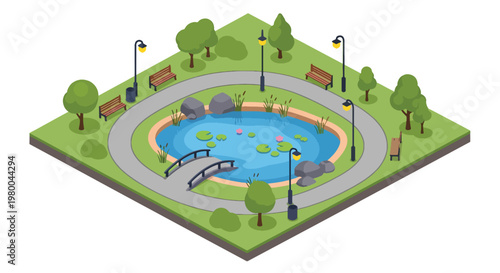3D isometric view flat style illustration of green public park with pond, trees, walking paths and benches, peaceful outdoor urban recreation environment