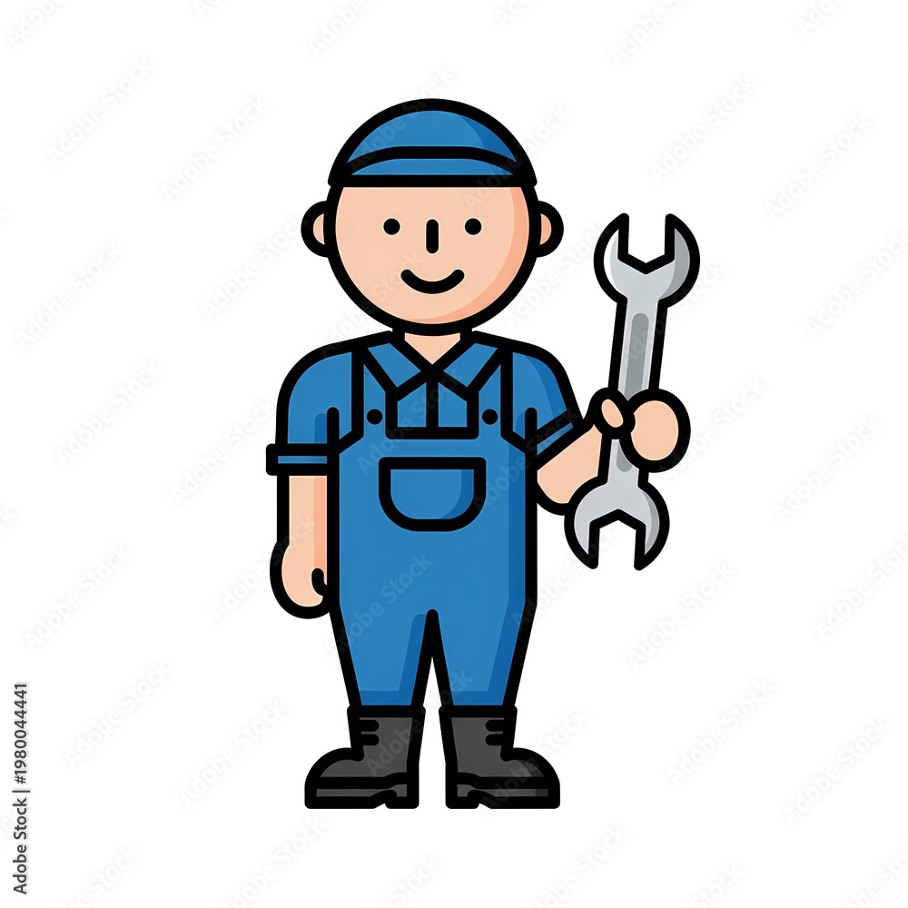 Obraz premium A cartoon mechanic holding a large wrench on transparent background Flat Minimal Icon illustration