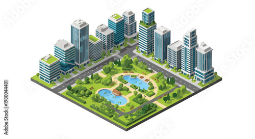 3D isometric view flat style illustration of modern city skyline with skyscrapers surrounding a green urban park, featuring trees, benches, and pathways in a clean minimal environment