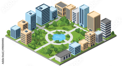 3D isometric view flat style illustration of modern city skyline with skyscrapers surrounding a green urban park, featuring trees, benches, and pathways in a clean minimal environment