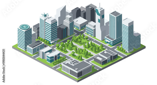 3D isometric view flat style illustration of modern city skyline with skyscrapers surrounding a green urban park, featuring trees, benches, and pathways in a clean minimal environment