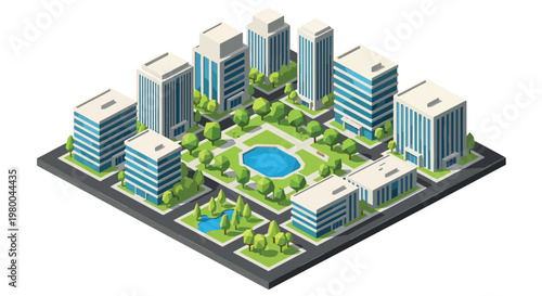 3D isometric view flat style illustration of modern city skyline with skyscrapers surrounding a green urban park, featuring trees, benches, and pathways in a clean minimal environment