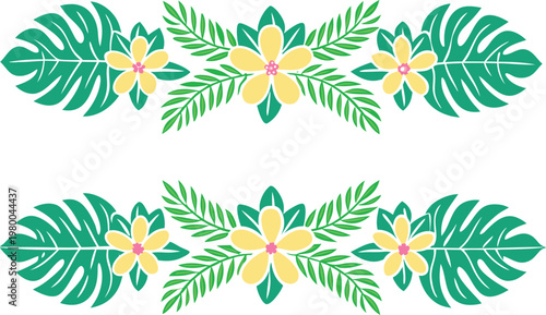 Tropical Leaf And Flower Border Set. Tropical Floral Frame Design Collection. Tropical Garden Border Frame Set. Tropical Flower Decorative Border Set. Tropical Botanical Border Design Set.
