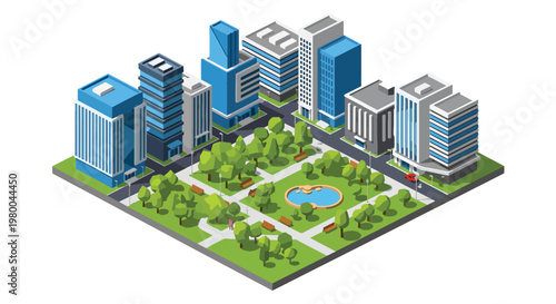 3D isometric view flat style illustration of modern city skyline with skyscrapers surrounding a green urban park, featuring trees, benches, and pathways in a clean minimal environment