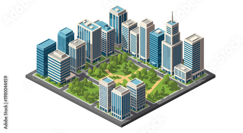 3D isometric view flat style illustration of modern city skyline with skyscrapers surrounding a green urban park, featuring trees, benches, and pathways in a clean minimal environment