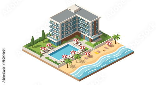 3D isometric view flat style illustration of tropical beach resort with hotel, swimming pool, palm trees and ocean view, luxury vacation destination