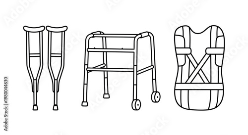 Collection of medical mobility aids including crutches walker torso support with mobility aid medical equipment walking support physical therapy old age assistance device health care worn out