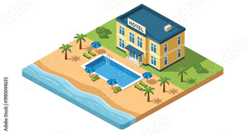 3D isometric view flat style illustration of tropical beach resort with hotel, swimming pool, palm trees and ocean view, luxury vacation destination