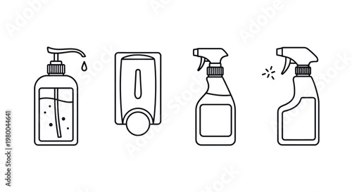 Group of liquid soap dispensers and spray bottles for cleaning and hygiene with soap dispenser spray bottle cleaning supplies pump dispenser wall mounted hand wash surface cleaner household che
