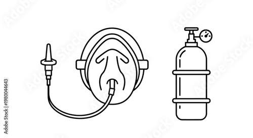 Iconic representation of an oxygen mask connected to a portable oxygen tank with medical equipment breathing apparatus health care oxygen therapy medical device medical supplies line drawing