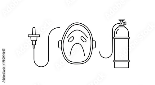Outline icons for oxygen mask tubing portable oxygen cylinder oxygen tank medical equipment breathing apparatus health care oxygen therapy medical device medical supplies line drawing