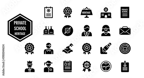 Collection of black and white icons representing private school heritage and education
