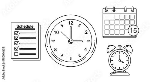 Time management icons: clock calendar alarm schedule list with wake up calendar schedule planning organization deadline appointment reminder business collection illustration timekeeping