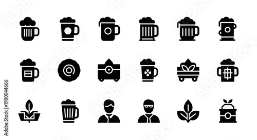 Collection of stylized icons representing beer, hops, and brewing elements