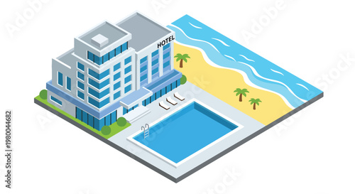 3D isometric view flat style illustration of tropical beach resort with hotel, swimming pool, palm trees and ocean view, luxury vacation destination