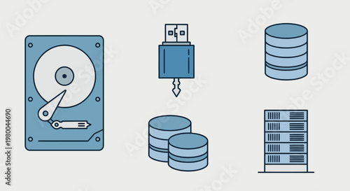 Data storage icons: hard drive usb flash drive server racks with storage device flat design computer hardware storage system data management digital storage technology icon database technology
