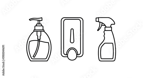Set of three icons for hygiene products: liquid soap dispenser wall-mounted soap dispenser spray bottle with personal care hand wash sanitizer dispenser cleaning container illustration domestic