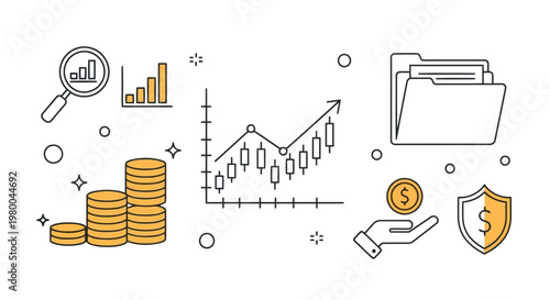 Financial growth and investment icons: stack of coins stock market chart magnifying glass folder shield hand with coin bar graph financial planning investment strategy mutual fund investment
