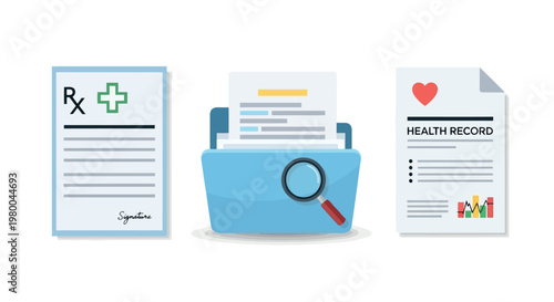 Medical documents and records icons: prescription form medical folder with magnifying glass health record sheet with heart icon medical care patient chart medical report lab results