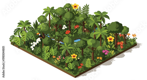 3D isometric view flat style illustration of dense tropical jungle forest with trees and plants, natural ecosystem environment full of greenery