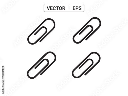 Four black paper clip icons on white background, vector illustration office supplies.