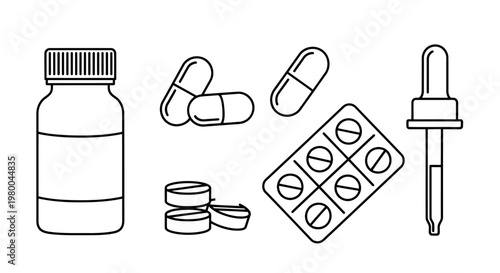 Medicine bottle pills capsules blister pack dropper icons with health care pill bottle medical supplies medicine cabinet health product pain relief wellness care medical icon medicine
