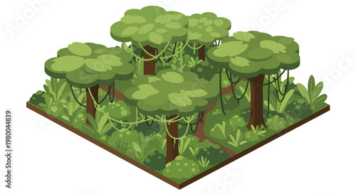 3D isometric view flat style illustration of dense tropical jungle forest with trees and plants, natural ecosystem environment full of greenery