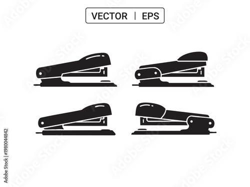 Set of black stapler icons isolated on white background vector illustration office supplies.