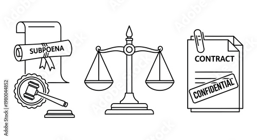 Legal icons including subpoena scales of justice contract with confidential stamp legal rights legal services legal advice legal system legal aid legal representation legal process
