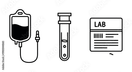 Medical icons: iv bag test tube lab label with iv bag blood bag biological sample health care health science hospital supply infusion set lab equipment lab work medical analysis medical proc