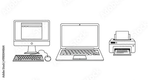 Computer equipment and peripherals line art icons with office supplies home office white background computer technology digital device computer keyboard technology equipment peripherals