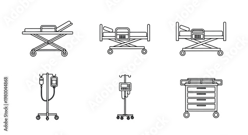 Medical beds stretcher iv stands line art icons with hospital bed iv stand white background medical device hospital equipment medical cart stretcher iv stand equipment hospital treatment