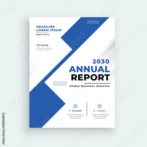 Modern and clean annual report cover template with blue geometric shapes. Suitable for corporate business, company profile, brochure, flyer, and magazine cover design. Fully editable vector layout wit