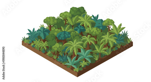 3D isometric view flat style illustration of dense tropical jungle forest with trees and plants, natural ecosystem environment full of greenery