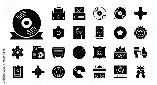 Collection of black icons representing technology, music, and media elements