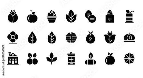 Collection of nature and agriculture icons representing growth, harvest, and healthy living