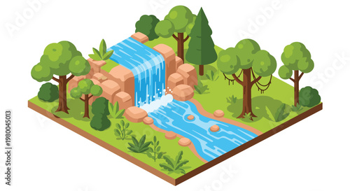 3D isometric view flat style illustration of waterfall flowing through rocks and forest, scenic natural landscape with fresh water environment