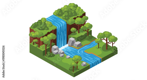 3D isometric view flat style illustration of waterfall flowing through rocks and forest, scenic natural landscape with fresh water environment