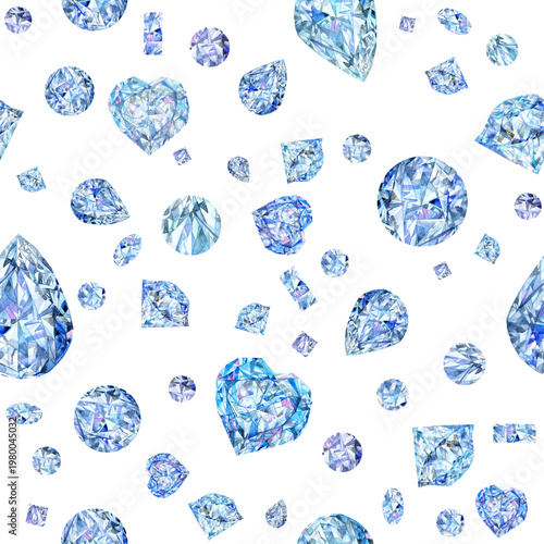 Watercolor Blue Diamond Seamless Pattern, Luxury Jewelry Background with Sparkling Crystal Gemstones