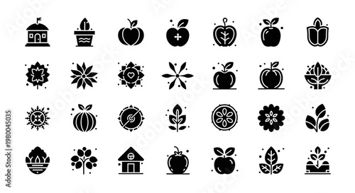 Collection of nature and agriculture icons representing growth, harvest, and healthy living