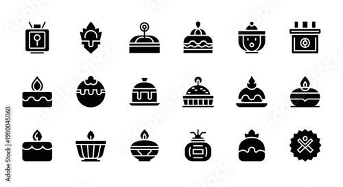 Collection of festive and celebratory icons including cakes, candles, and traditional symbols
