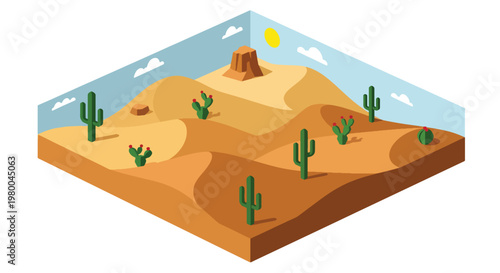 3D isometric view flat style illustration of desert oasis with palm trees, water pool and sandy terrain, arid landscape survival environment