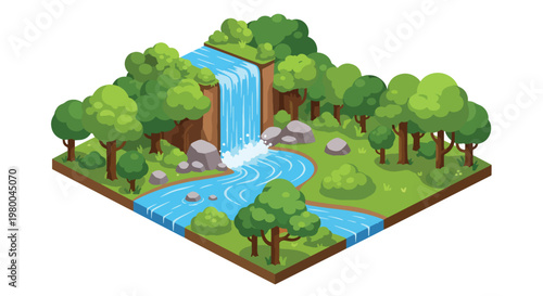 3D isometric view flat style illustration of waterfall flowing through rocks and forest, scenic natural landscape with fresh water environment