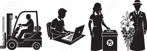 Four diverse professions depicted in a modern black and white illustration