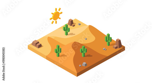 3D isometric view flat style illustration of desert oasis with palm trees, water pool and sandy terrain, arid landscape survival environment