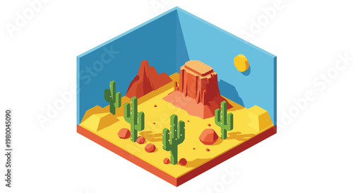 3D isometric view flat style illustration of desert oasis with palm trees, water pool and sandy terrain, arid landscape survival environment