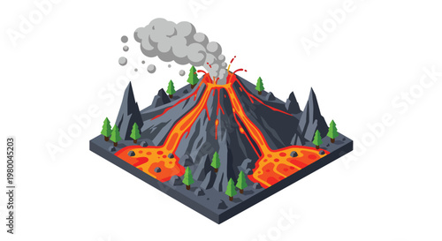 3D isometric view flat style illustration of erupting volcano with lava flow, smoke and mountains, dramatic natural disaster and geology concept