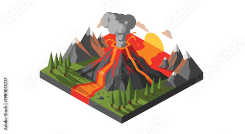 3D isometric view flat style illustration of erupting volcano with lava flow, smoke and mountains, dramatic natural disaster and geology concept