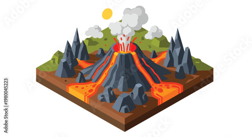 3D isometric view flat style illustration of erupting volcano with lava flow, smoke and mountains, dramatic natural disaster and geology concept